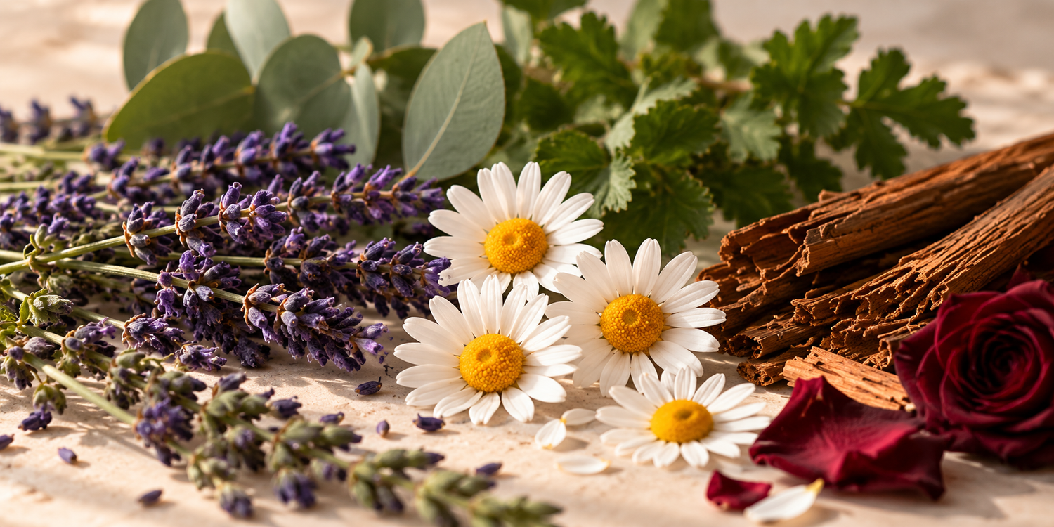 Lavender, botanical flowers, green leaves, bark and dark rose arranged as natural aromatic materials