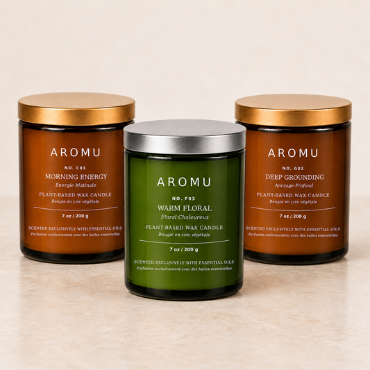 Discover AROMU Essential Oil Candle Gift Set — Morning Energy, Warm Floral, Deep Grounding