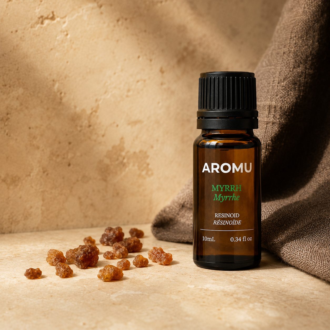 AROMU Myrrh Resinoid in warm natural light