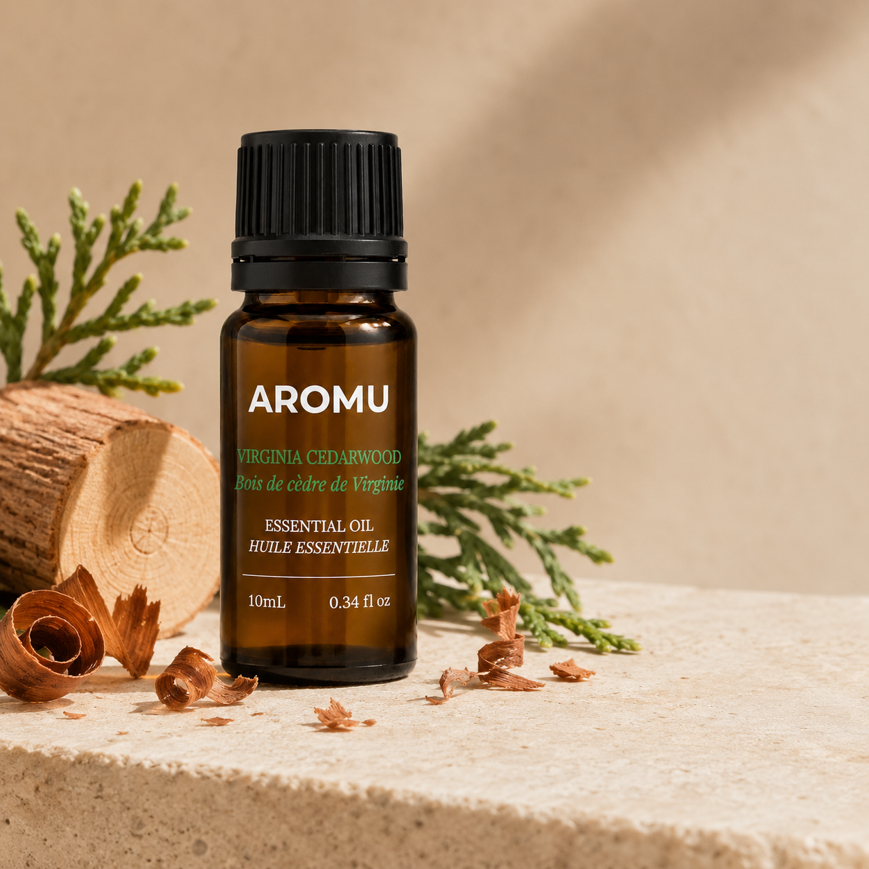 Virginia Cedarwood Essential Oil with cedar wood and foliage