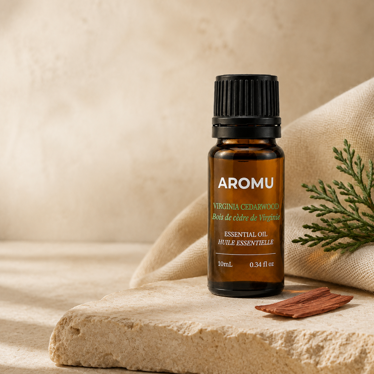 AROMU Virginia Cedarwood Essential Oil in warm natural light