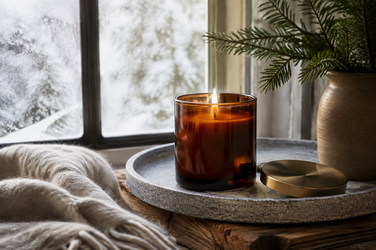 An amber glass candle beside a frosted winter window