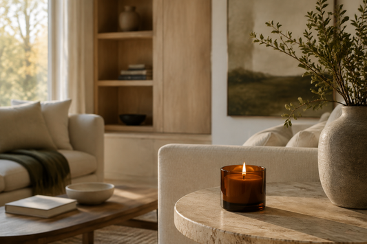 Essential oil candle in a warm, naturally styled living room