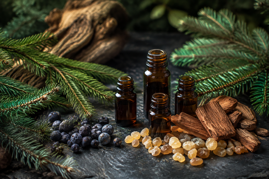 Forest essential oils with evergreen branches, wood, and botanicals