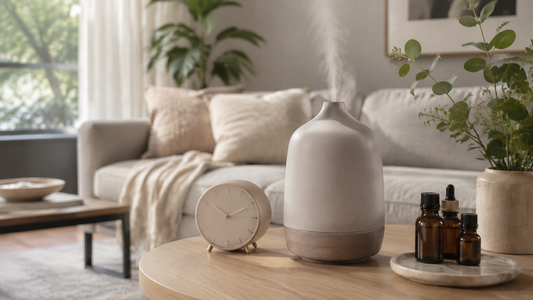 Essential oil diffuser and clock in a bright living room