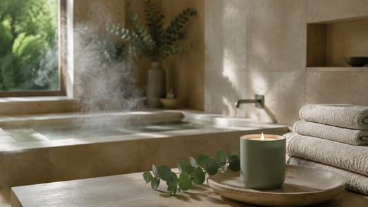 Minimal spa-like bathroom with a candle and eucalyptus