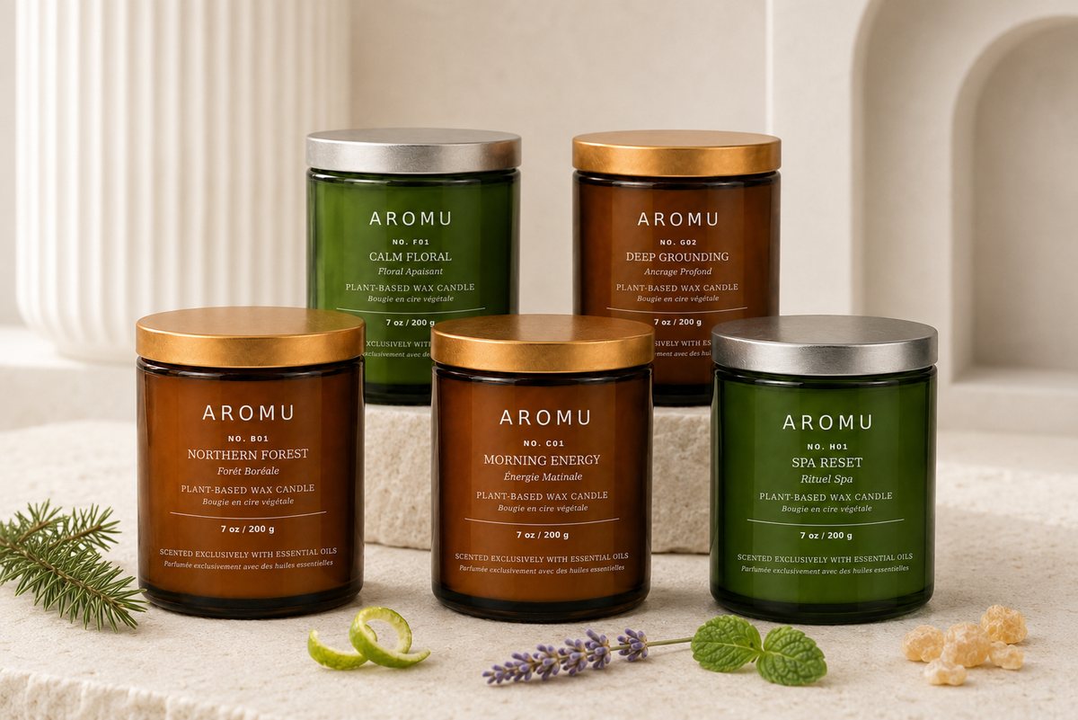 Five AROMU essential oil candles displayed with spruce, citrus, lavender, mint and resin botanicals.