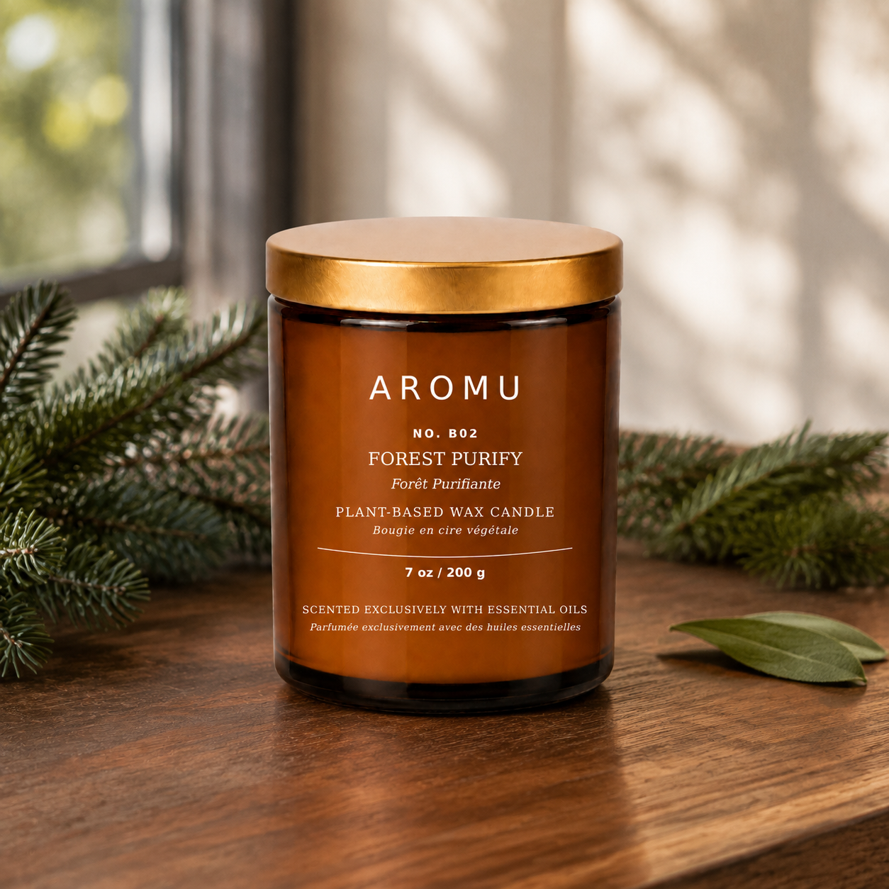 Forest Purify Essential Oil Candle in an evergreen-inspired interior setting