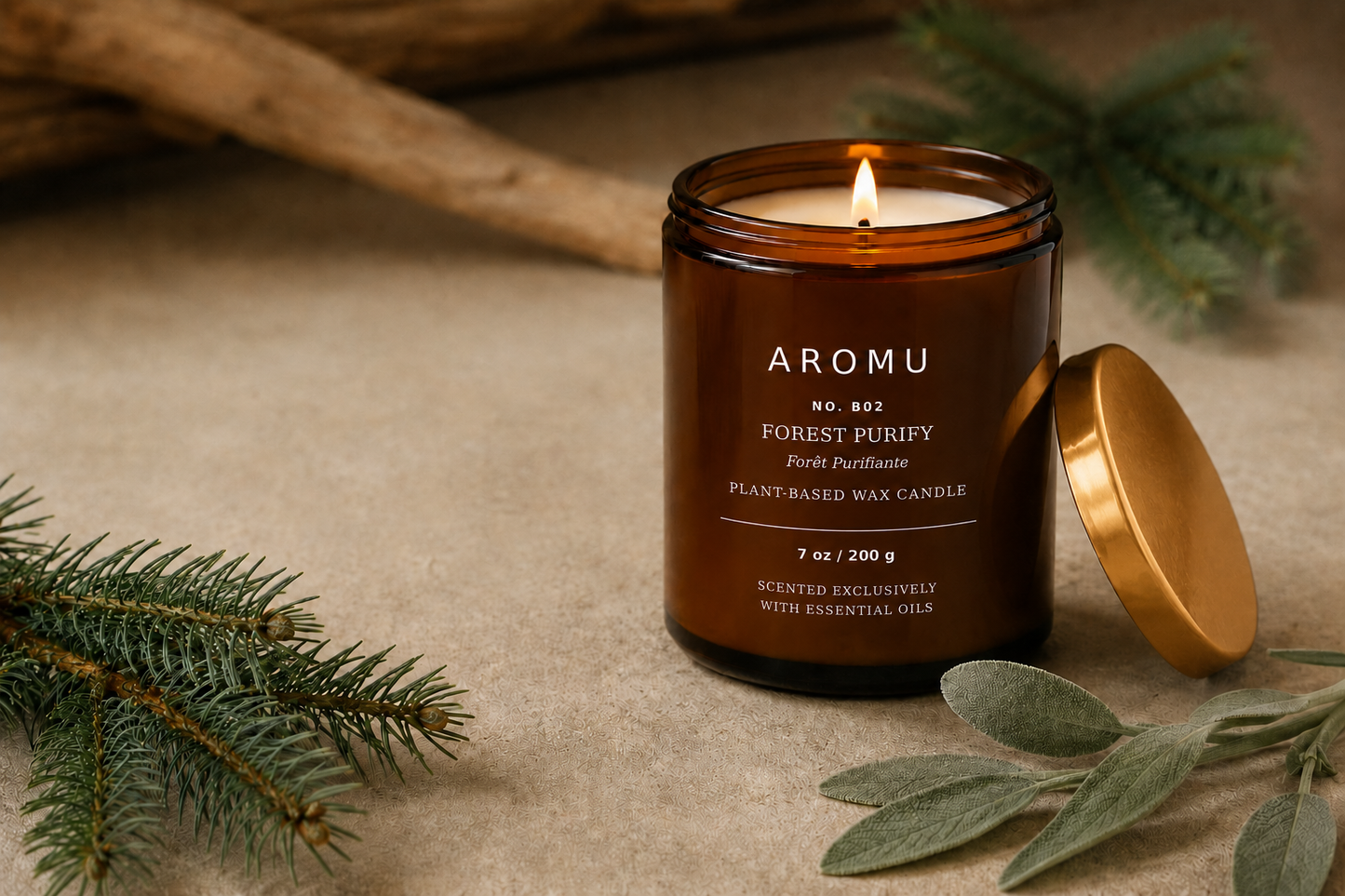 Forest Purify essential oil candle with transparent label and gold lid