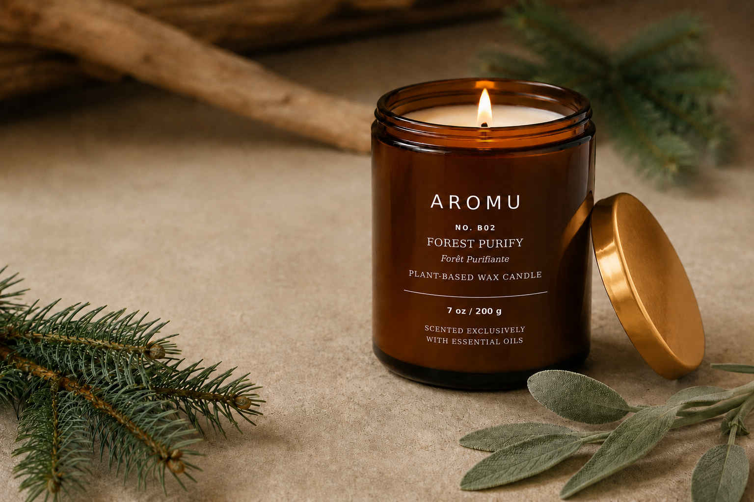 Forest Purify essential oil candle with transparent label and gold lid