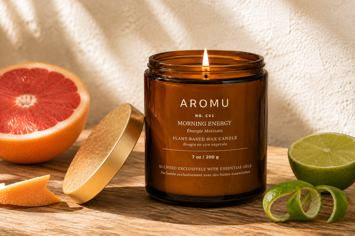 Morning Energy essential oil candle burning with lime and grapefruit