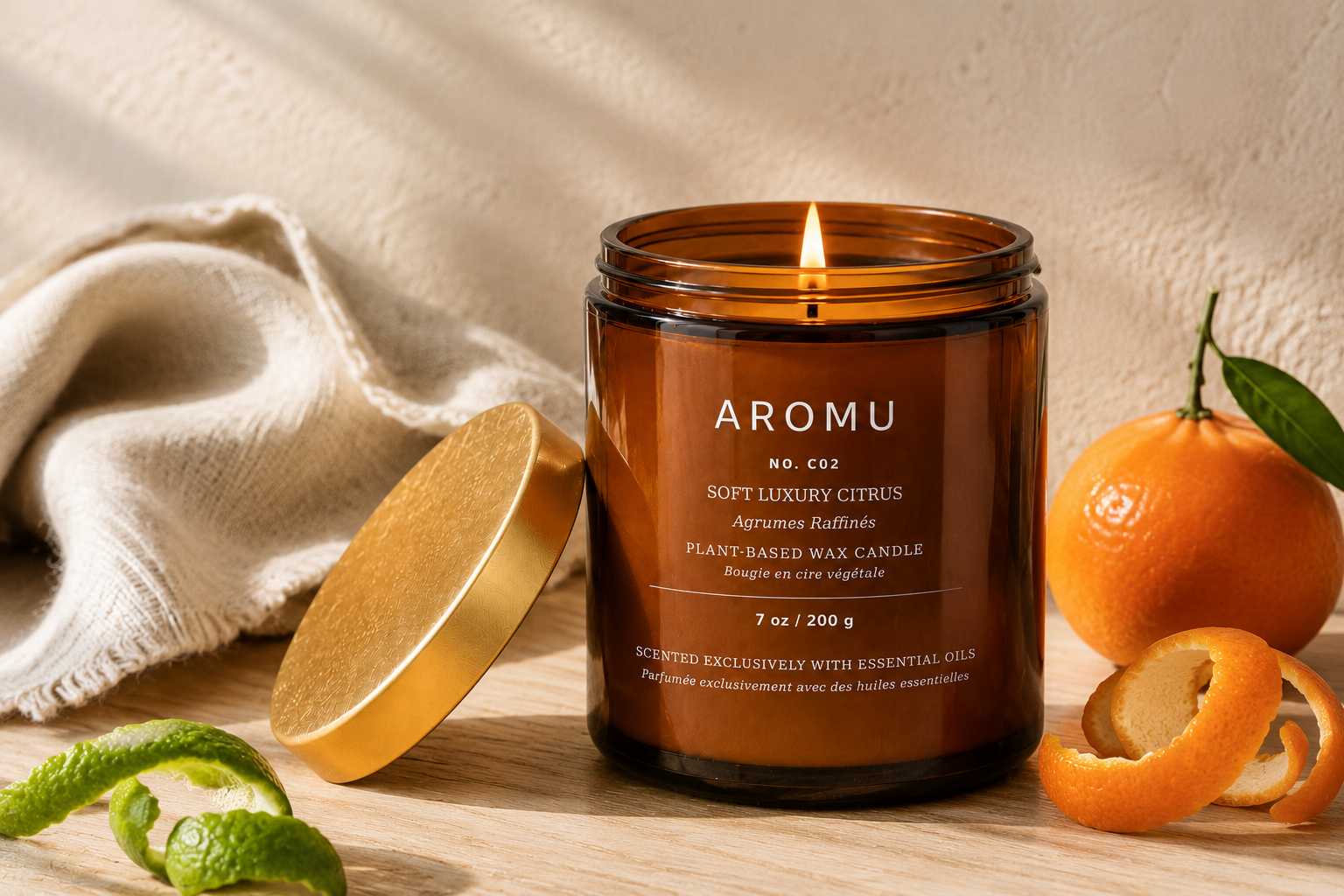 Soft Luxury Citrus essential oil candle burning with bergamot and mandarin