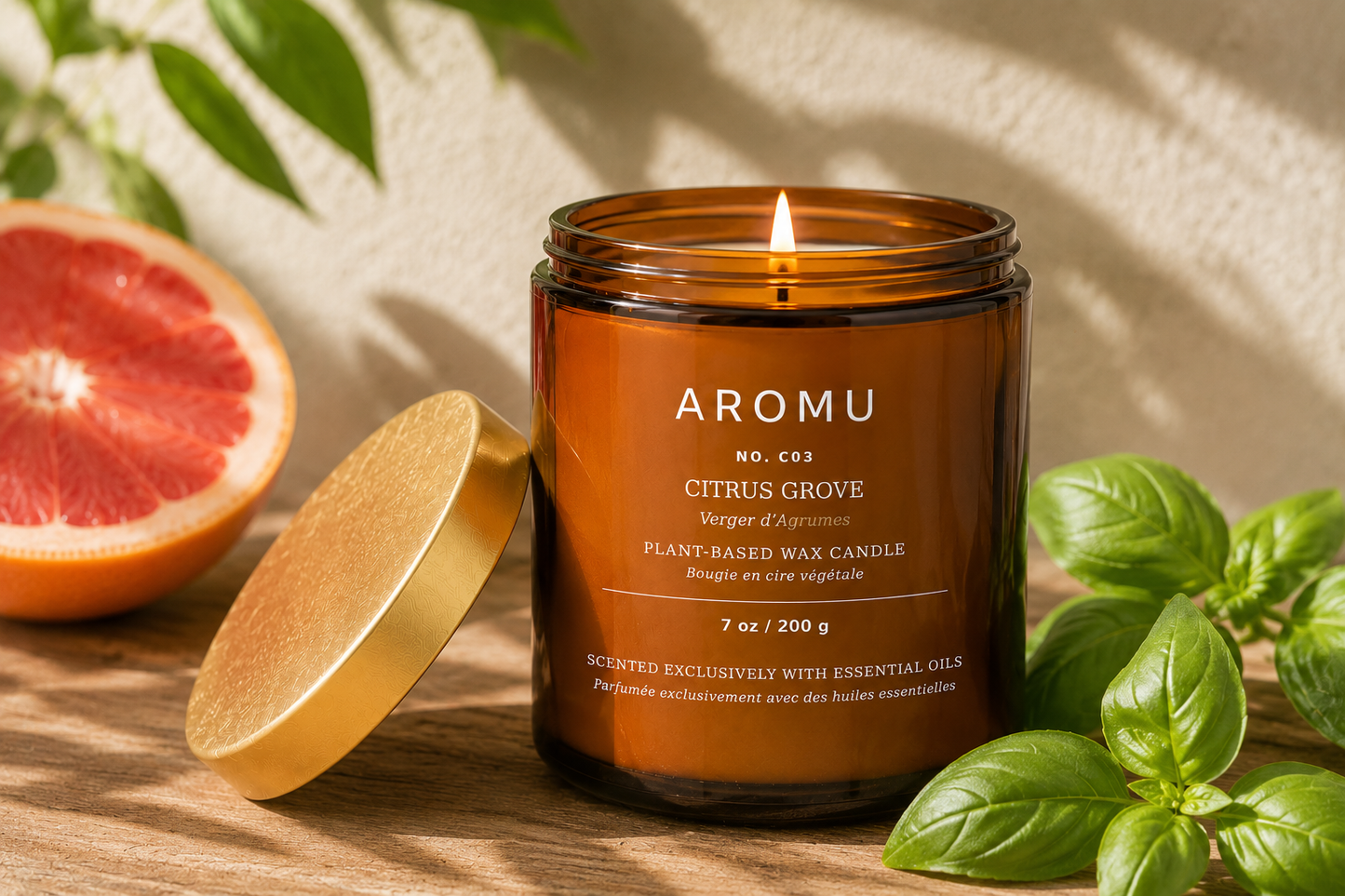 Citrus Grove essential oil candle burning with grapefruit and basil