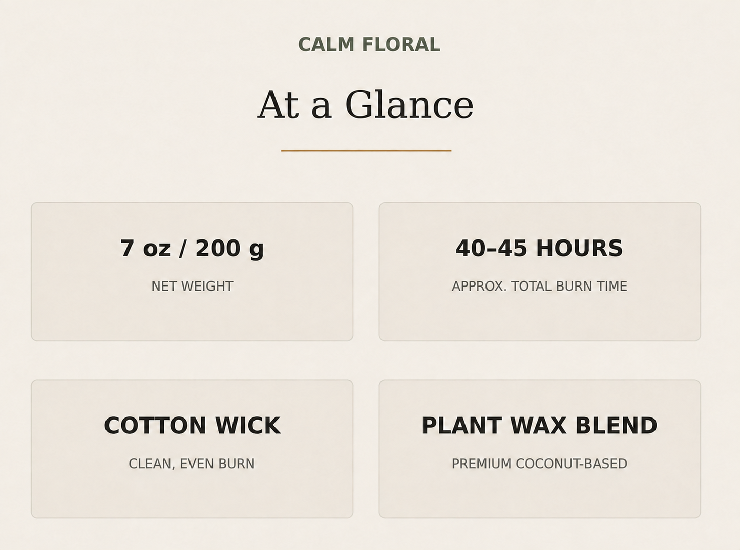 AROMU Calm Floral product facts: 7 oz / 200 g, 40–45 hours, cotton wick, plant wax blend