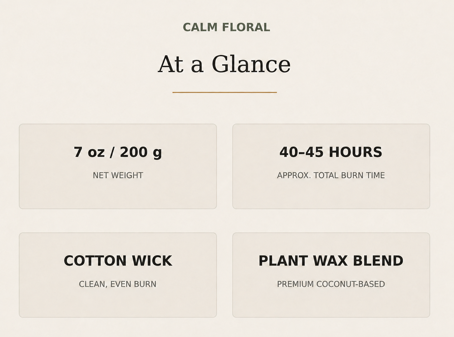 AROMU Calm Floral product facts: 7 oz / 200 g, 40–45 hours, cotton wick, plant wax blend