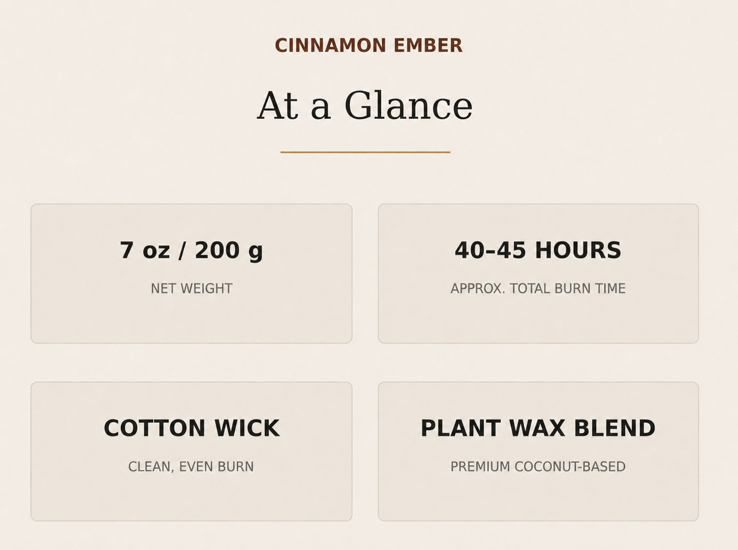 AROMU Cinnamon Ember product facts: 7 oz / 200 g, 40–45 hours, cotton wick, plant wax blend