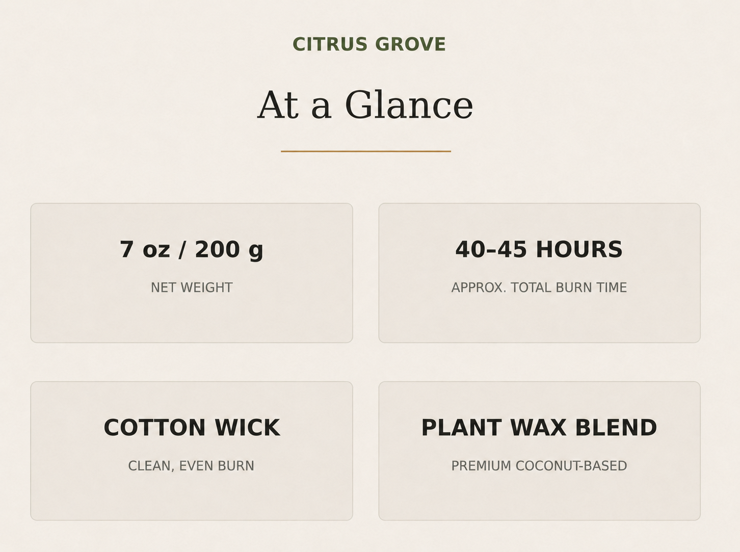 AROMU Citrus Grove product facts: 7 oz / 200 g, 40–45 hours, cotton wick, plant wax blend