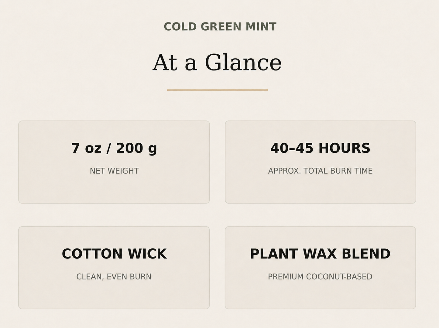 AROMU Cold Green Mint product facts: 7 oz / 200 g, 40–45 hours, cotton wick, plant wax blend