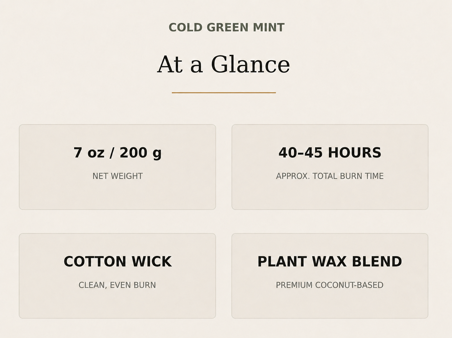 AROMU Cold Green Mint product facts: 7 oz / 200 g, 40–45 hours, cotton wick, plant wax blend