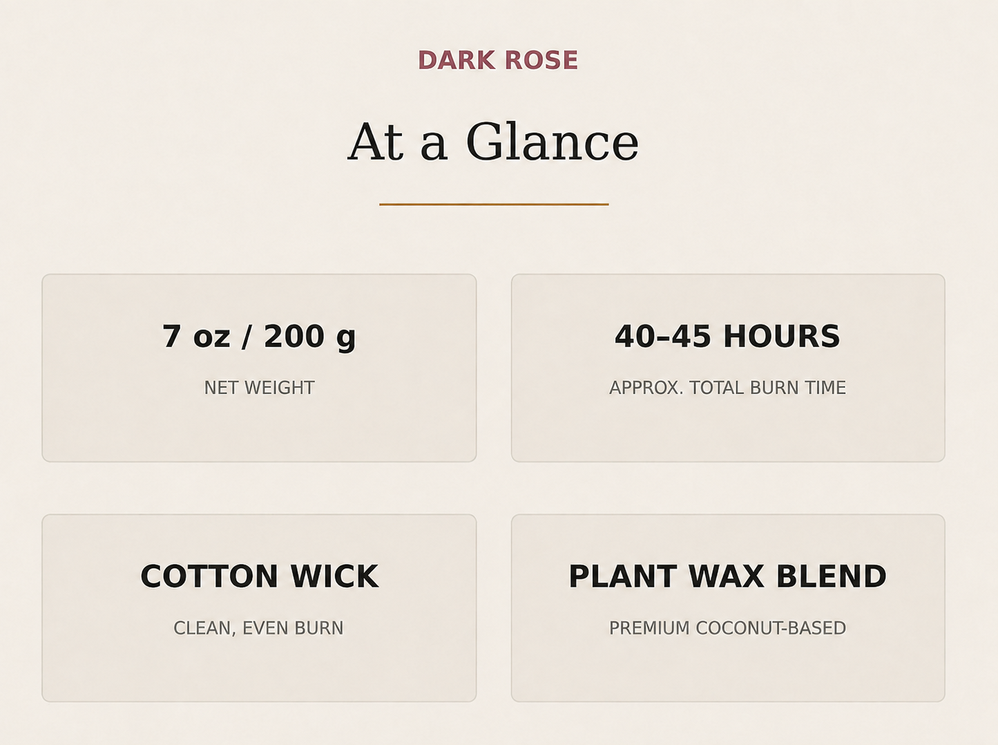 AROMU Dark Rose product facts: 7 oz / 200 g, 40–45 hours, cotton wick, plant wax blend