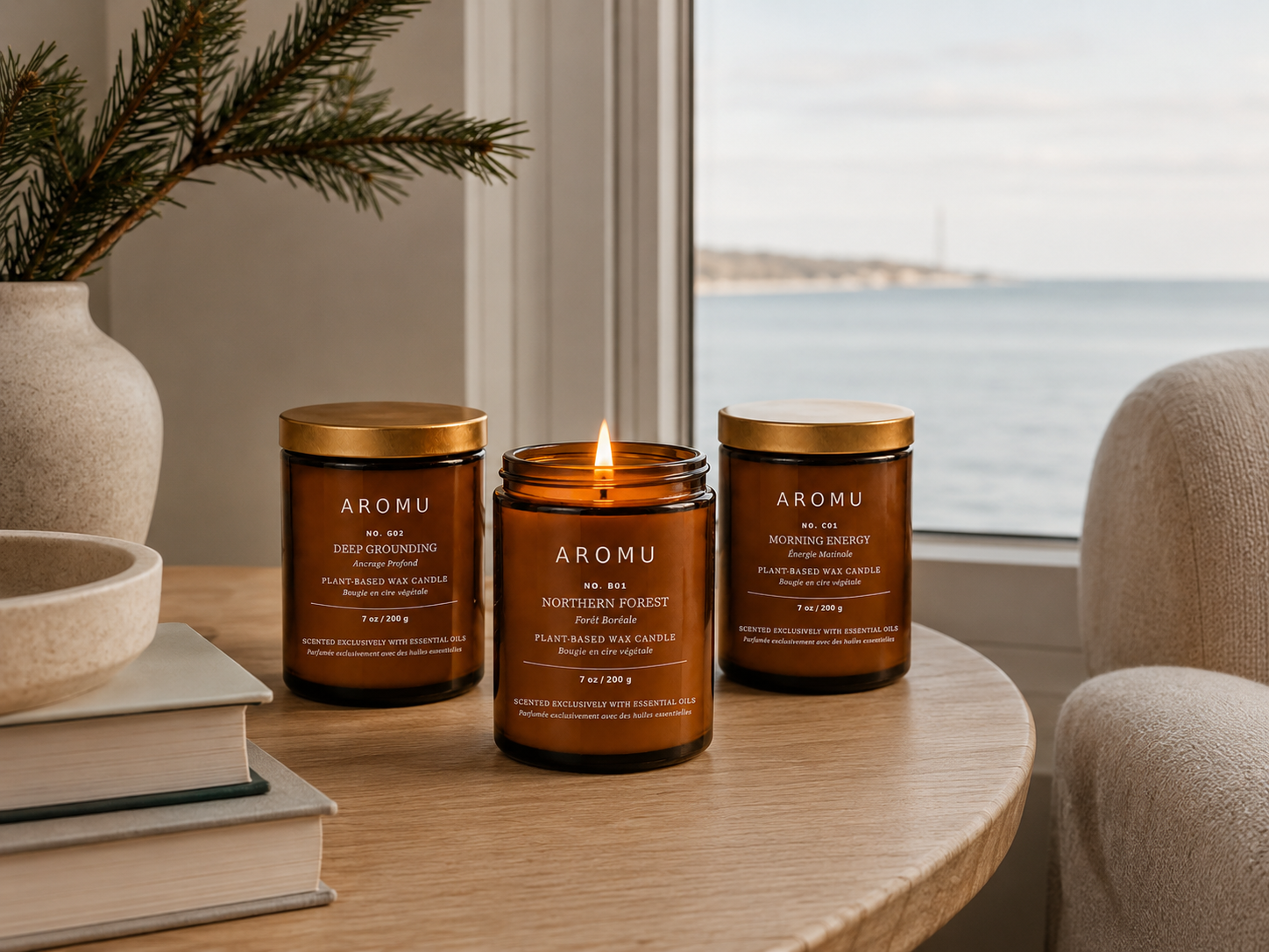 AROMU Essential Oil Candle Gift Set for Him with Northern Forest, Deep Grounding and Morning Energy by Lake Ontario