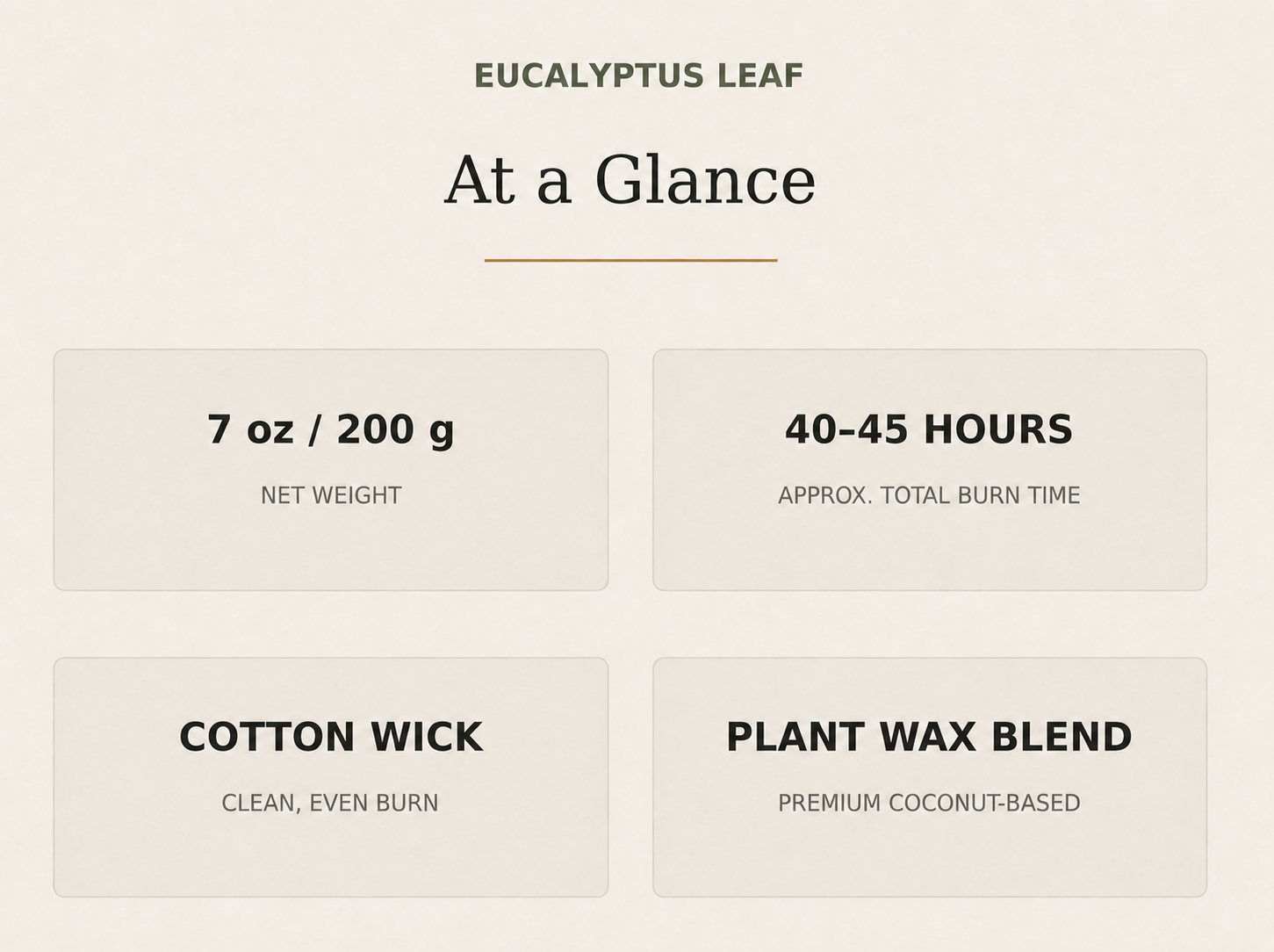 AROMU Eucalyptus Leaf product facts: 7 oz / 200 g, 40–45 hours, cotton wick, plant wax blend