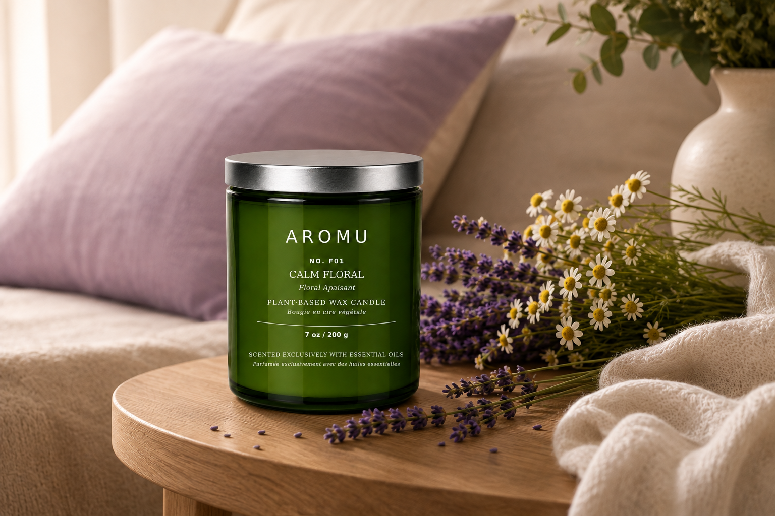 Calm Floral essential oil candle in a quiet lavender and Roman chamomile setting