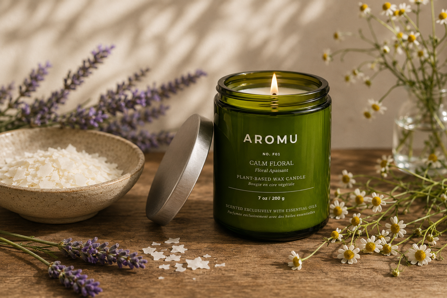 Calm Floral essential oil candle burning with lavender and Roman chamomile