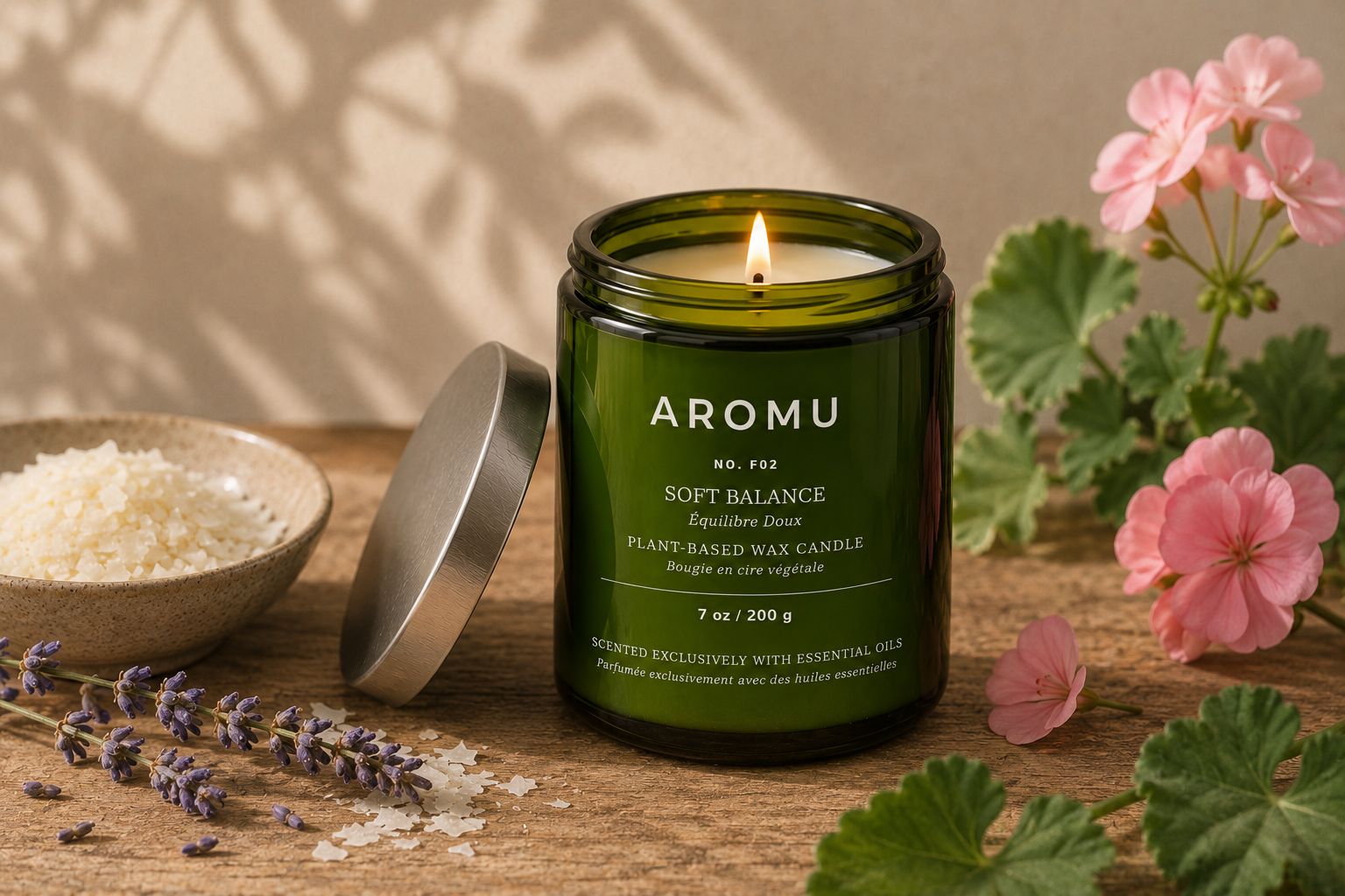 Soft Balance essential oil candle burning with geranium and lavender