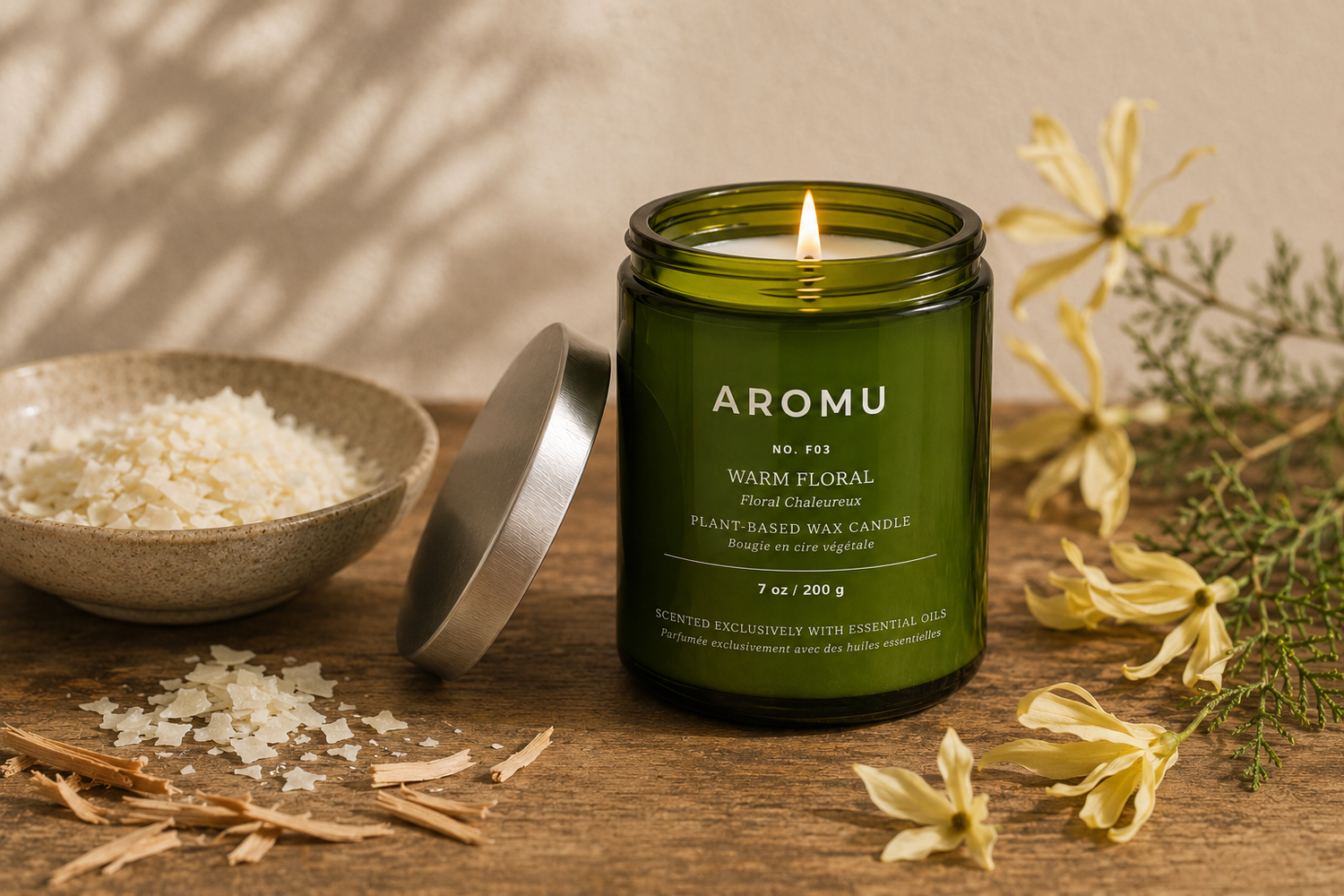 Warm Floral essential oil candle burning with ylang ylang and Virginia cedarwood