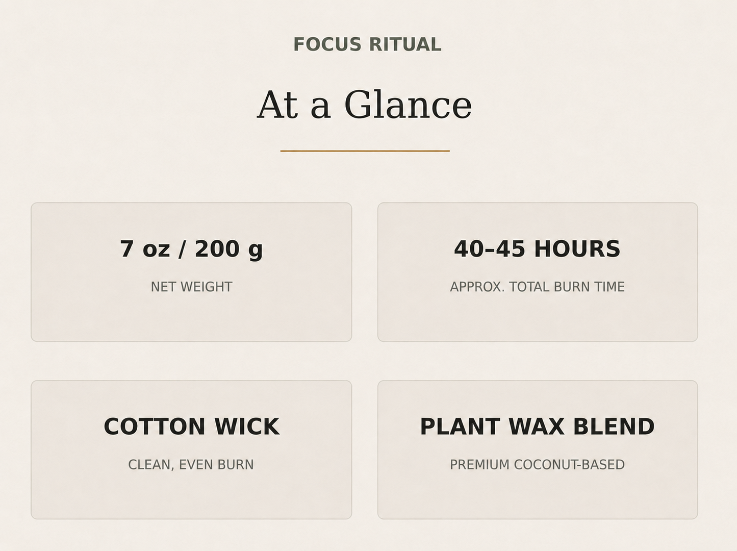AROMU Focus Ritual product facts: 7 oz / 200 g, 40–45 hours, cotton wick, plant wax blend