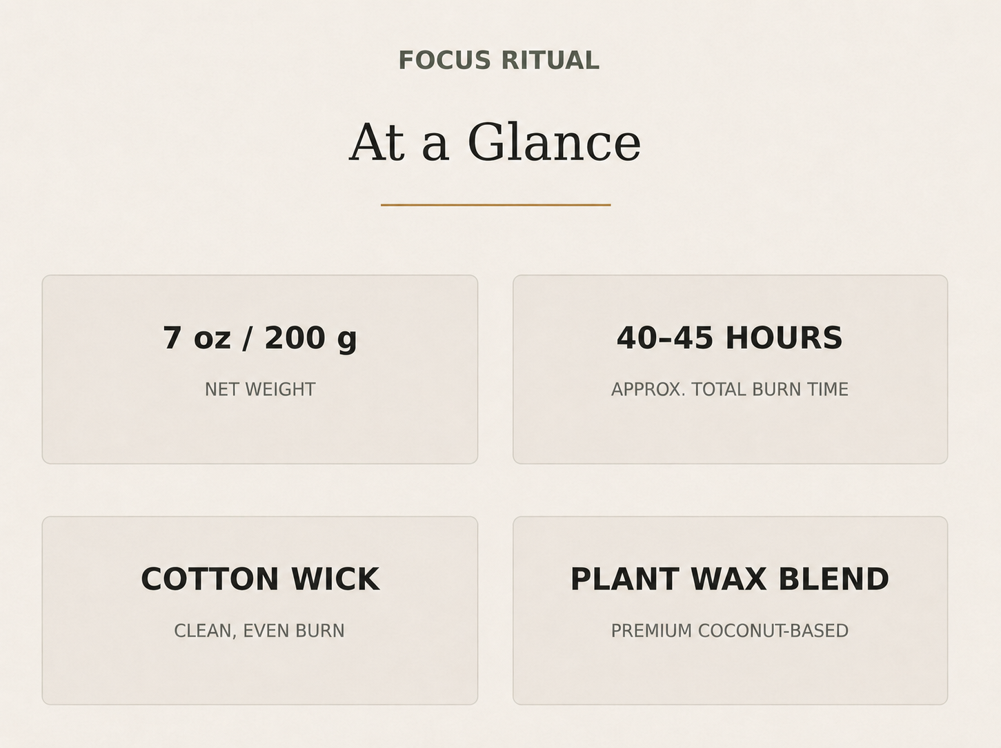 AROMU Focus Ritual product facts: 7 oz / 200 g, 40–45 hours, cotton wick, plant wax blend