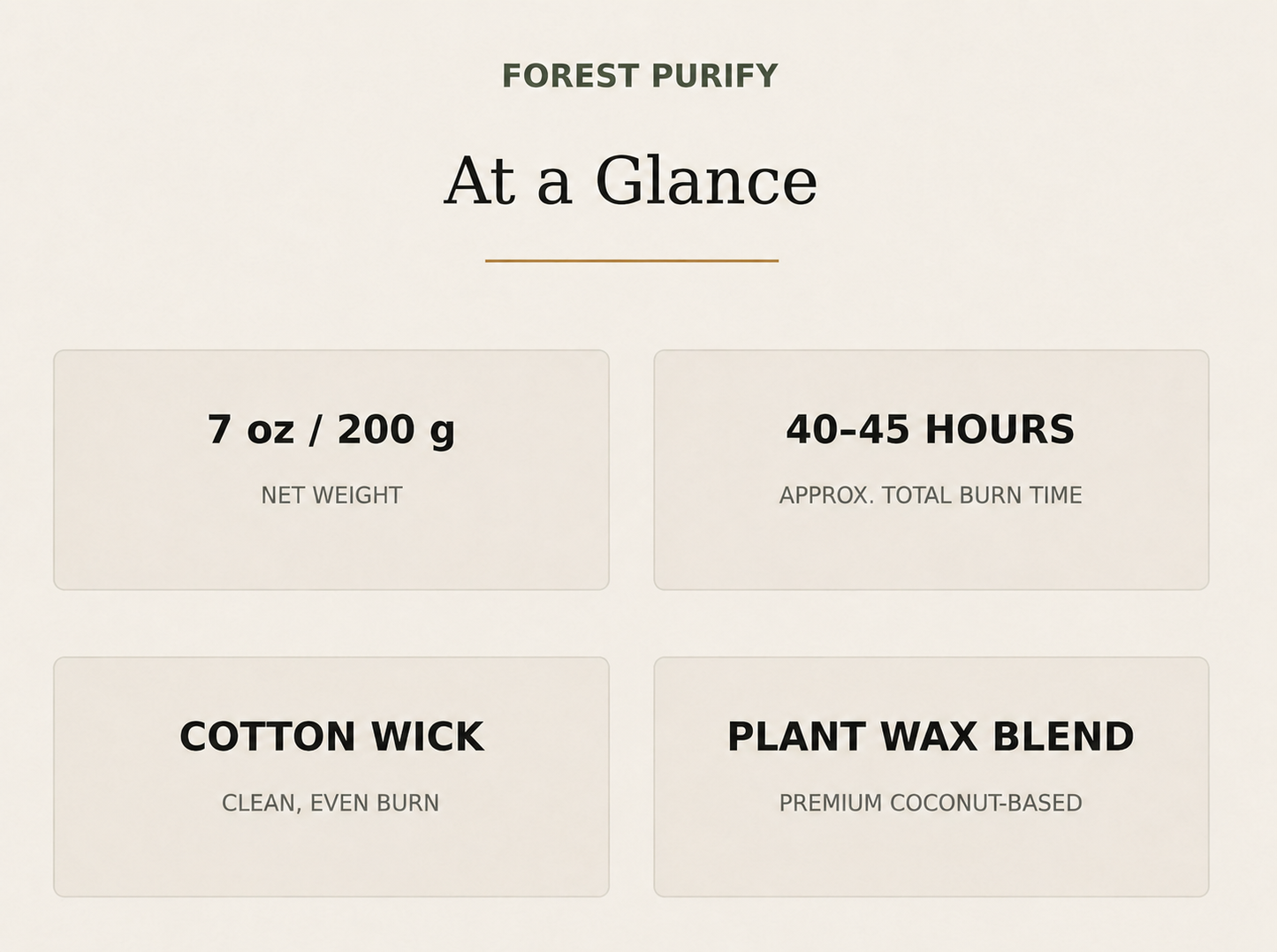 AROMU Forest Purify product facts: 7 oz / 200 g, 40–45 hours, cotton wick, plant wax blend
