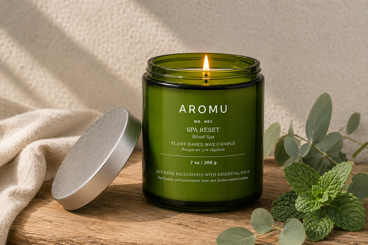 Spa Reset essential oil candle burning with peppermint and eucalyptus