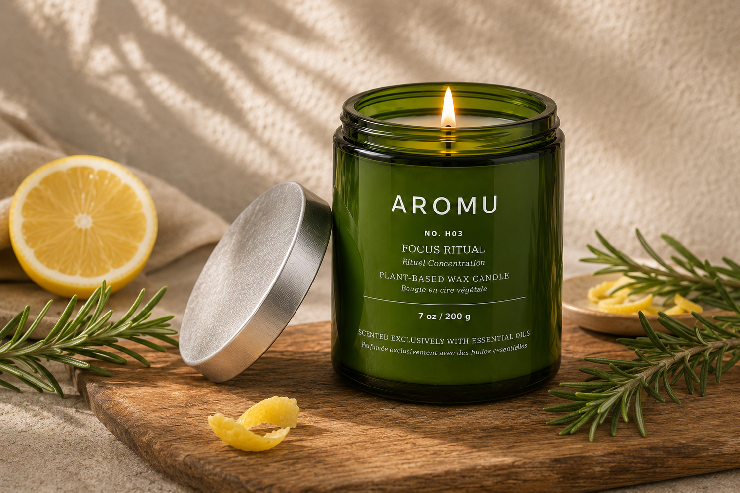Focus Ritual essential oil candle burning with rosemary and lemon