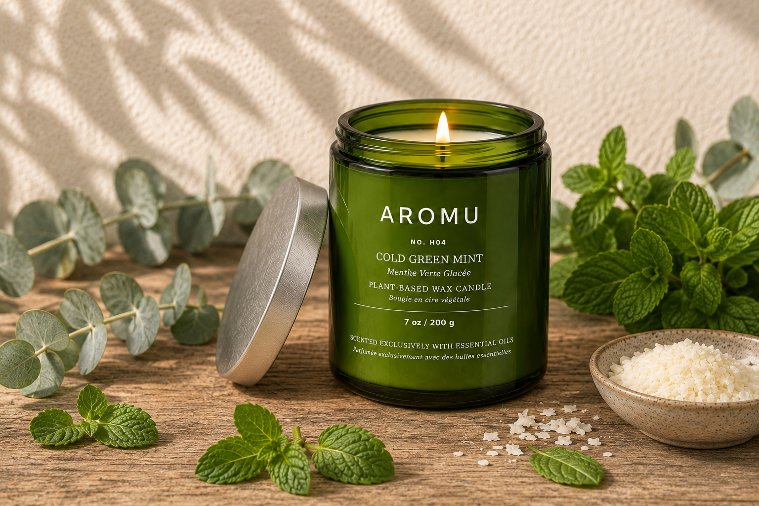 Cold Green Mint essential oil candle burning with peppermint and eucalyptus