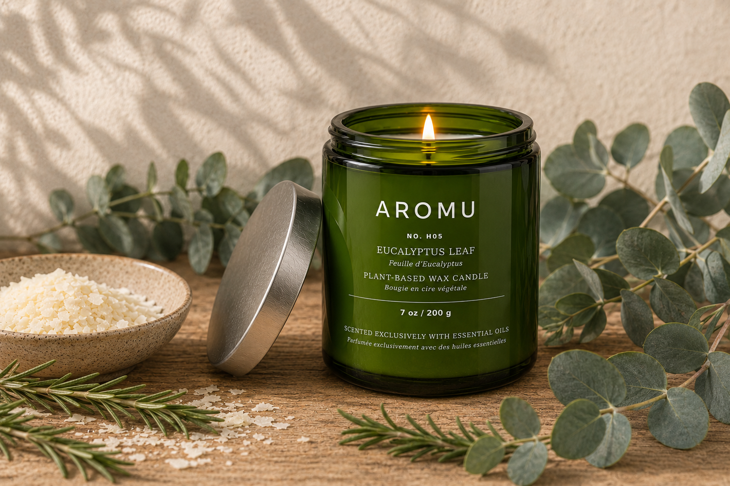 Eucalyptus Leaf essential oil candle burning with eucalyptus and rosemary