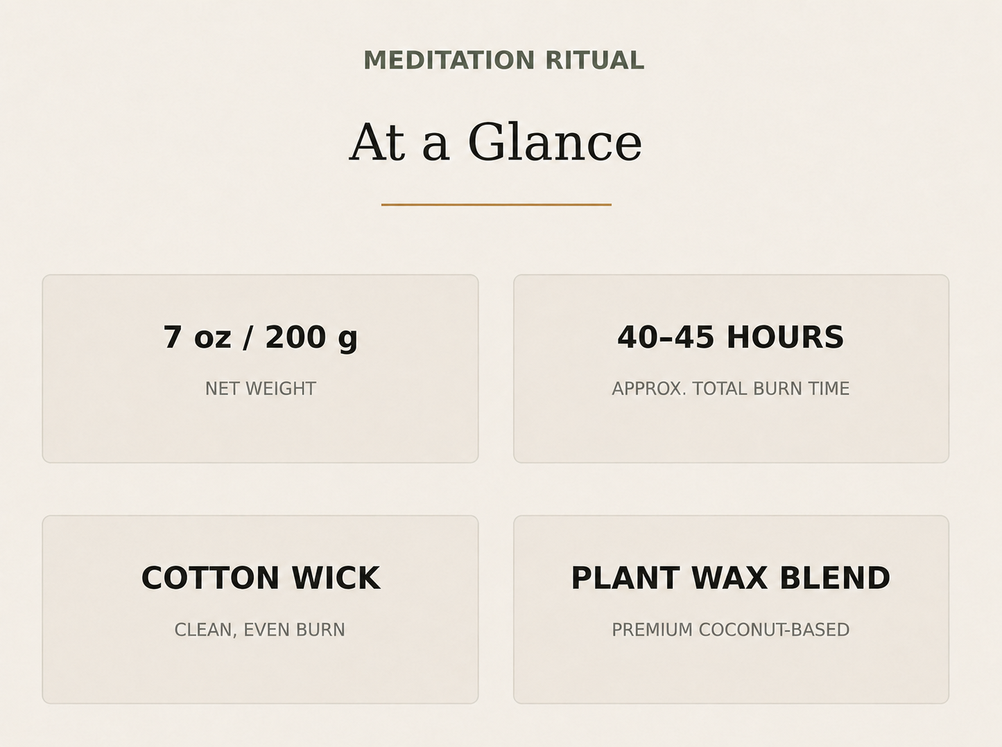 AROMU Meditation Ritual product facts: 7 oz / 200 g, 40–45 hours, cotton wick, plant wax blend