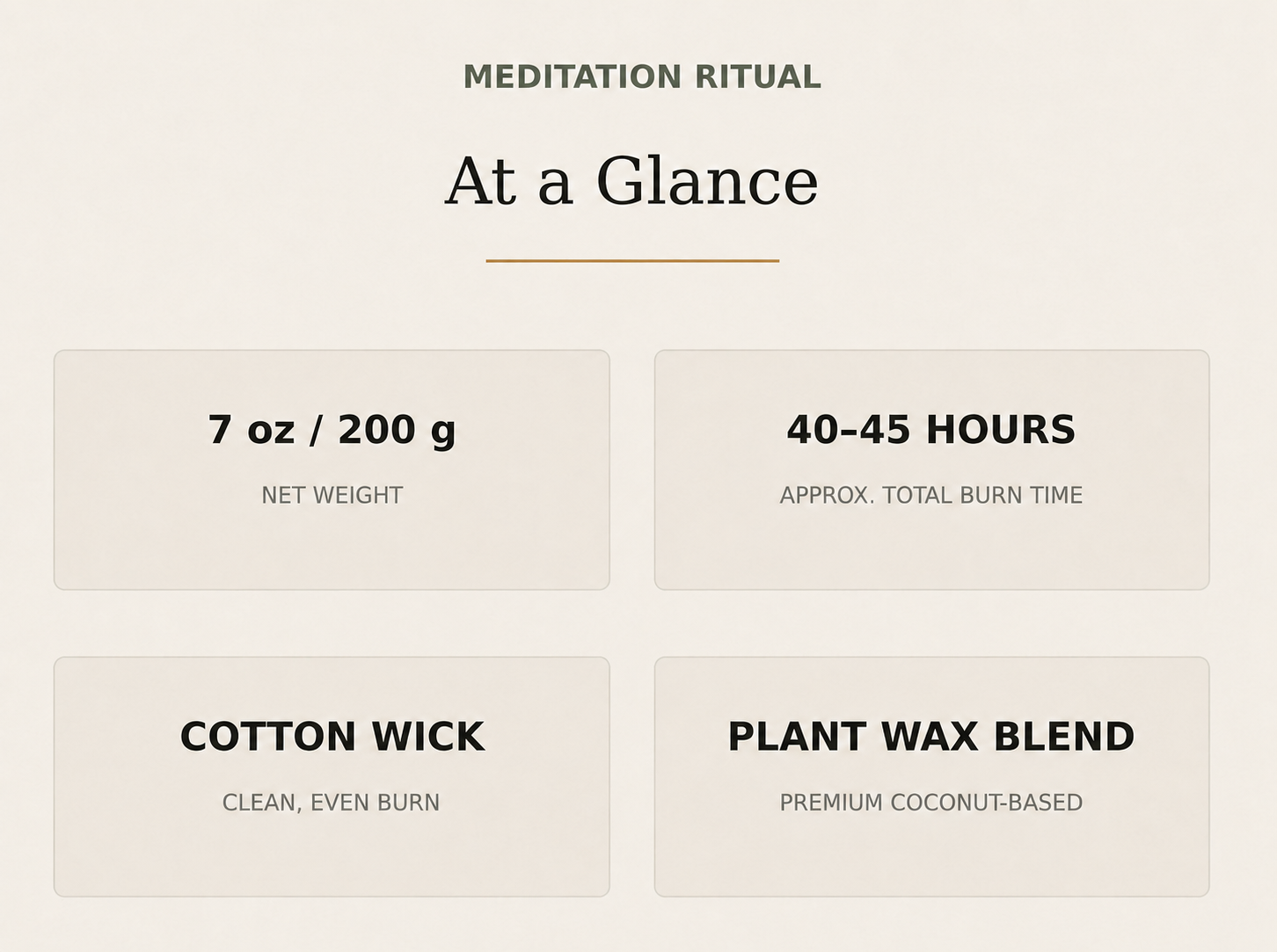 AROMU Meditation Ritual product facts: 7 oz / 200 g, 40–45 hours, cotton wick, plant wax blend
