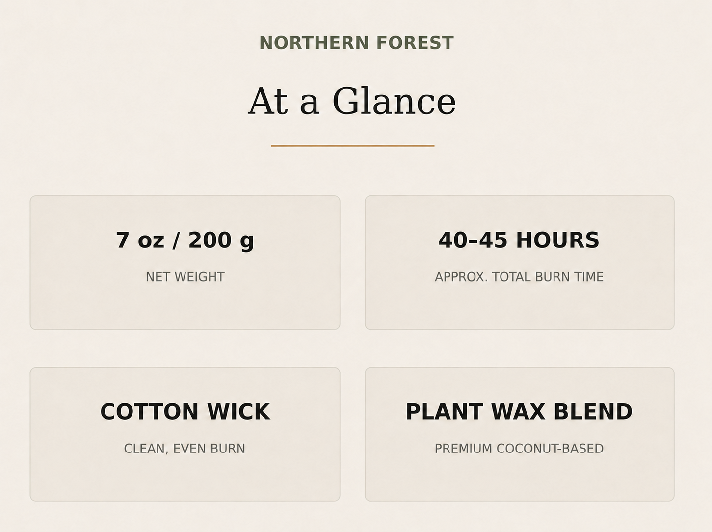 AROMU Northern Forest product facts: 7 oz / 200 g, 40–45 hours, cotton wick, plant wax blend