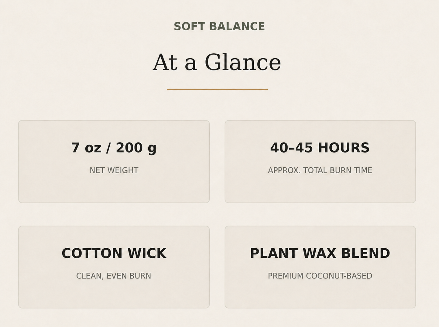 AROMU Soft Balance product facts: 7 oz / 200 g, 40–45 hours, cotton wick, plant wax blend