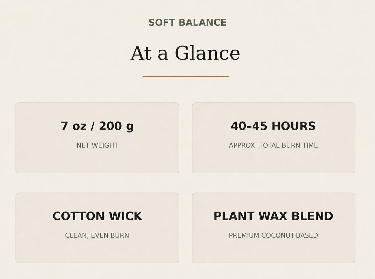 AROMU Soft Balance product facts: 7 oz / 200 g, 40–45 hours, cotton wick, plant wax blend