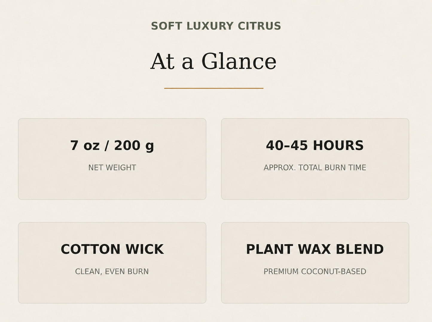 AROMU Soft Luxury Citrus product facts: 7 oz / 200 g, 40–45 hours, cotton wick, plant wax blend