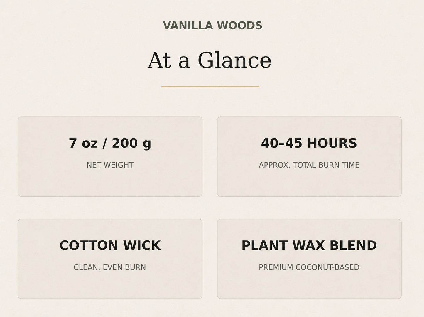 AROMU Vanilla Woods product facts: 7 oz / 200 g, 40–45 hours, cotton wick, plant wax blend
