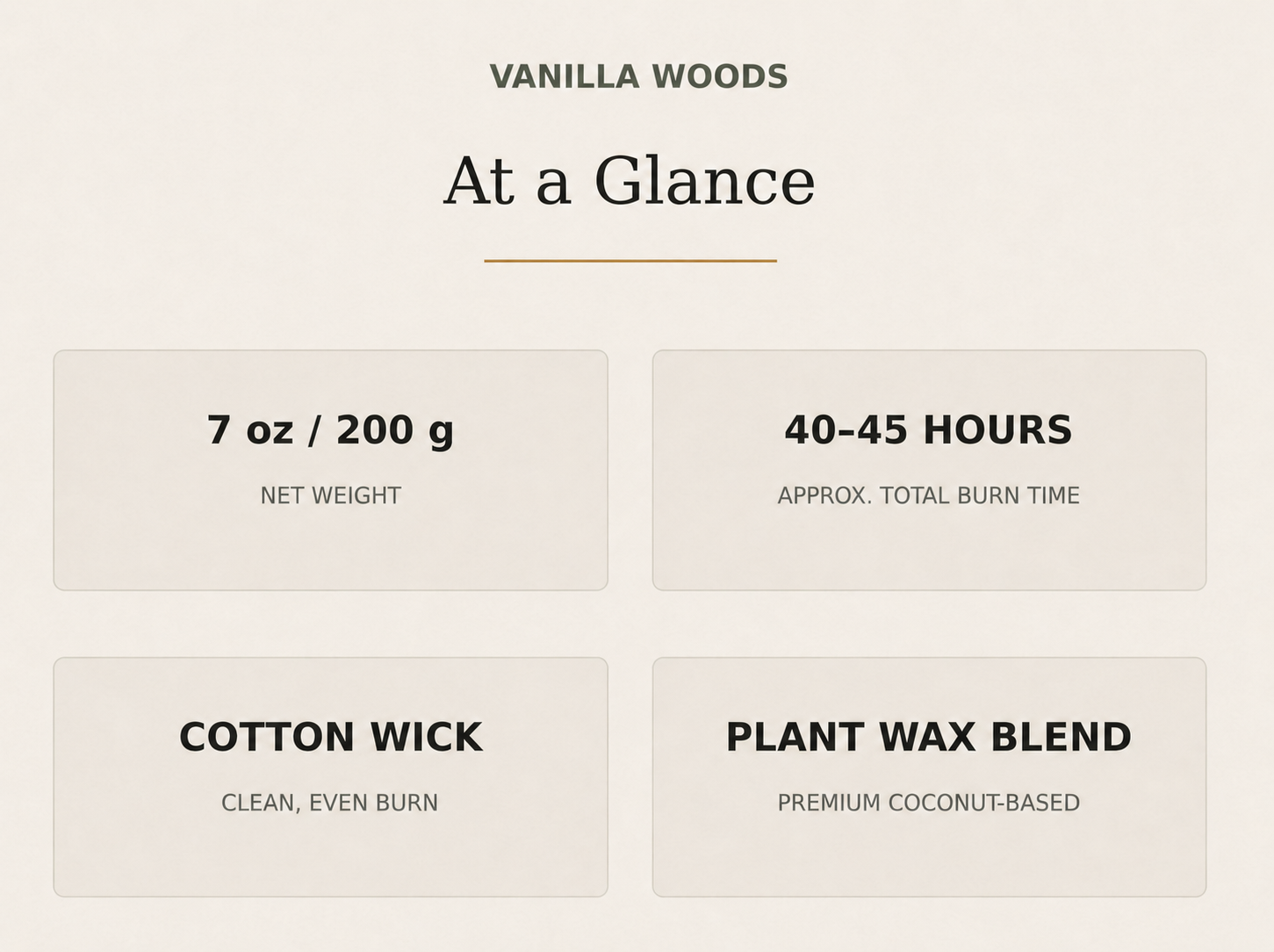 AROMU Vanilla Woods product facts: 7 oz / 200 g, 40–45 hours, cotton wick, plant wax blend