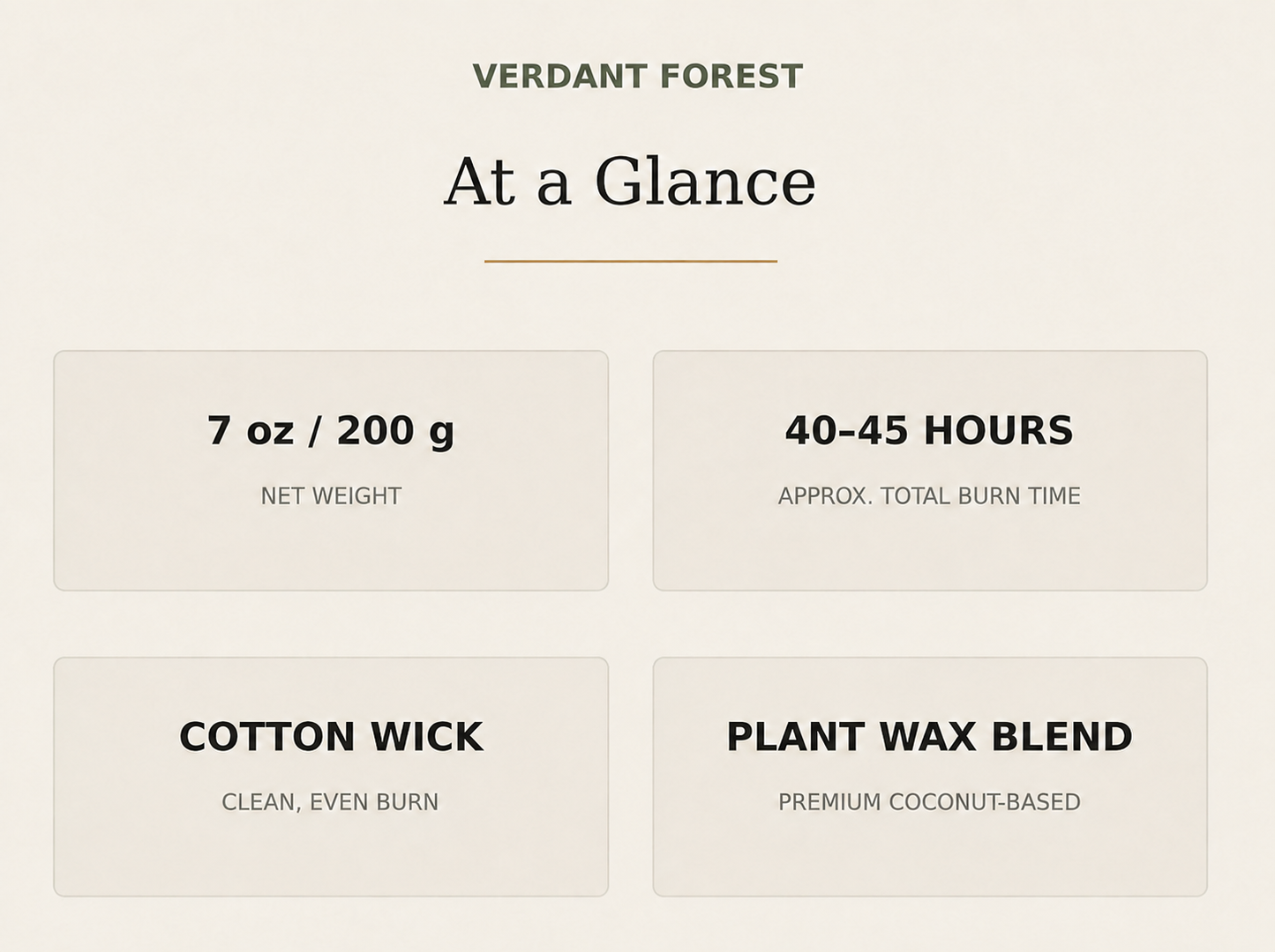 AROMU Verdant Forest product facts: 7 oz / 200 g, 40–45 hours, cotton wick, plant wax blend