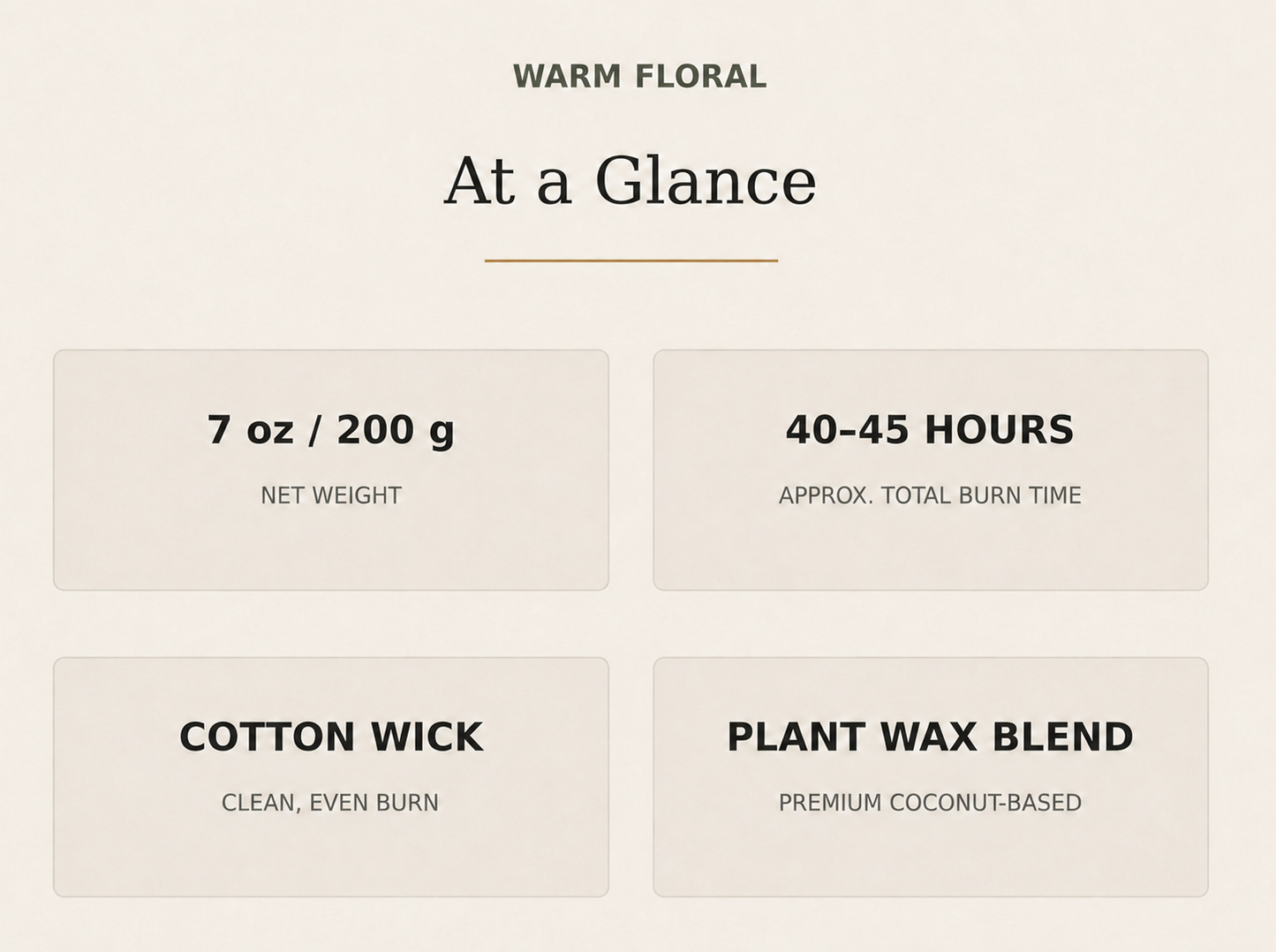AROMU Warm Floral product facts: 7 oz / 200 g, 40–45 hours, cotton wick, plant wax blend