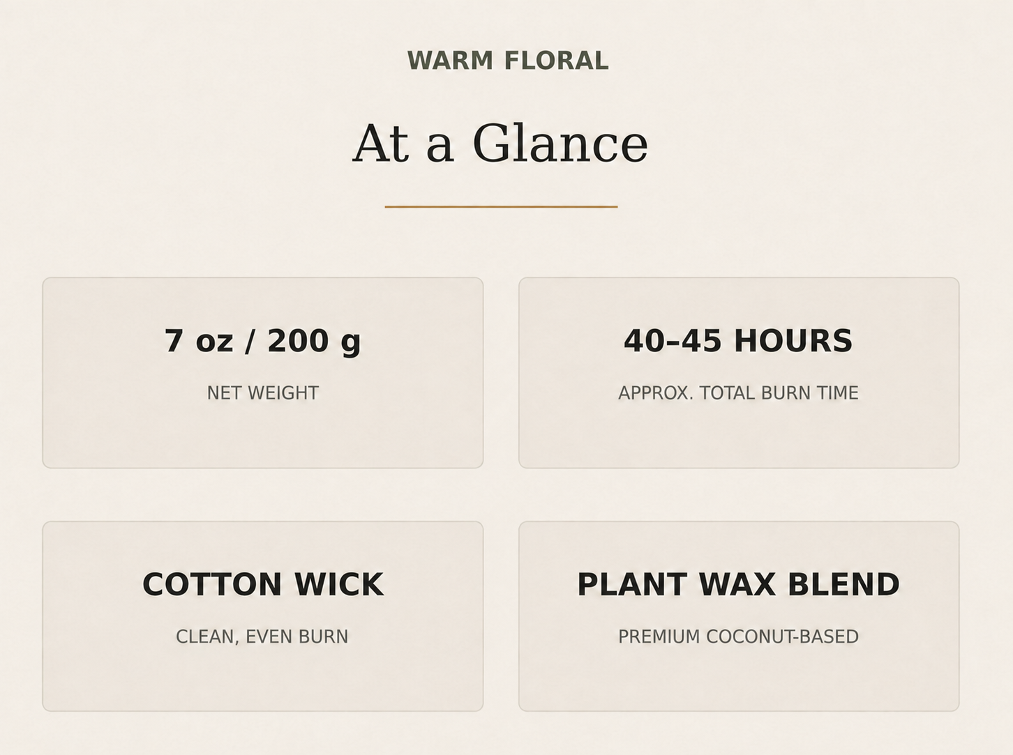 AROMU Warm Floral product facts: 7 oz / 200 g, 40–45 hours, cotton wick, plant wax blend