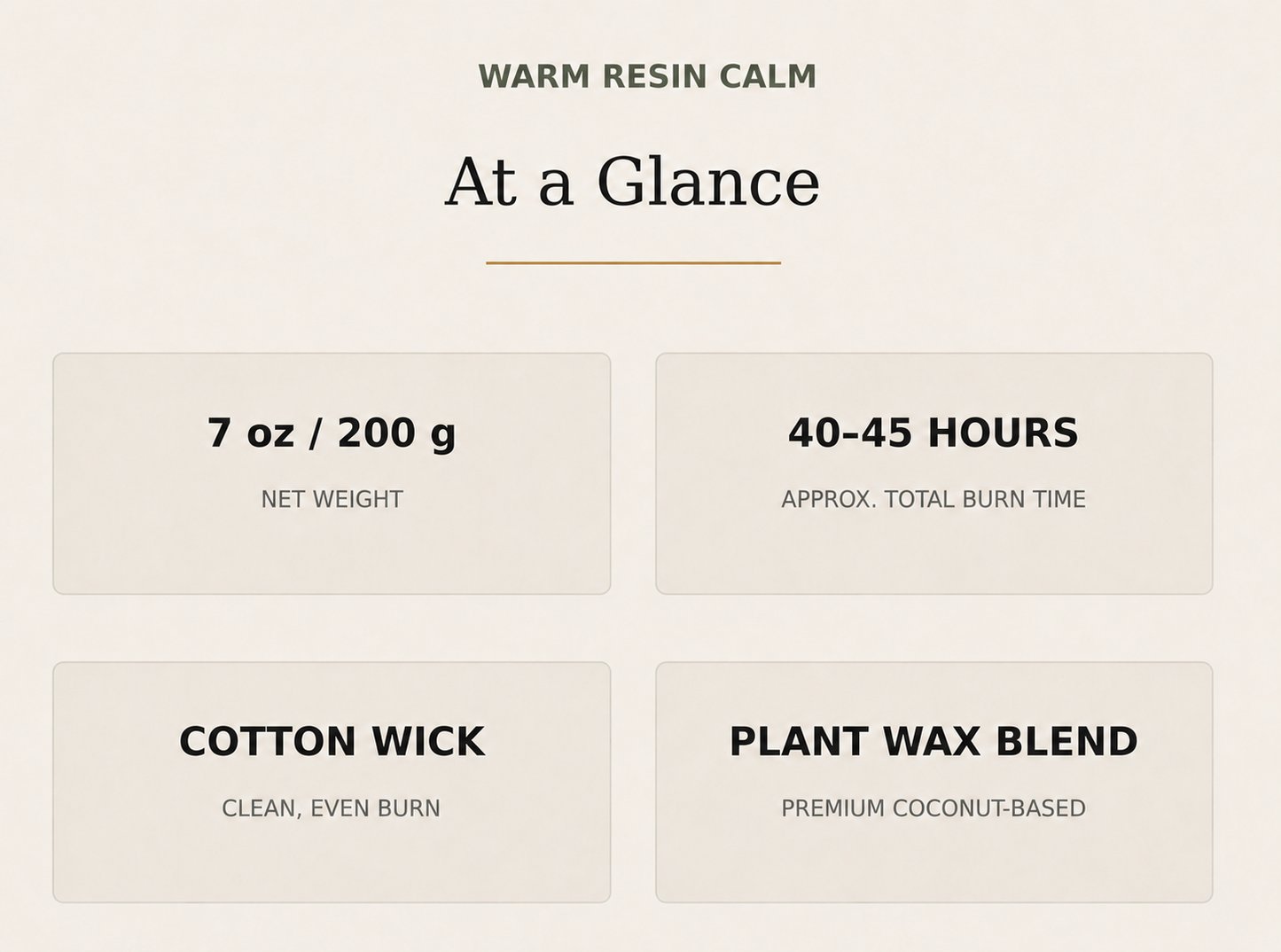 AROMU Warm Resin Calm product facts: 7 oz / 200 g, 40–45 hours, cotton wick, plant wax blend