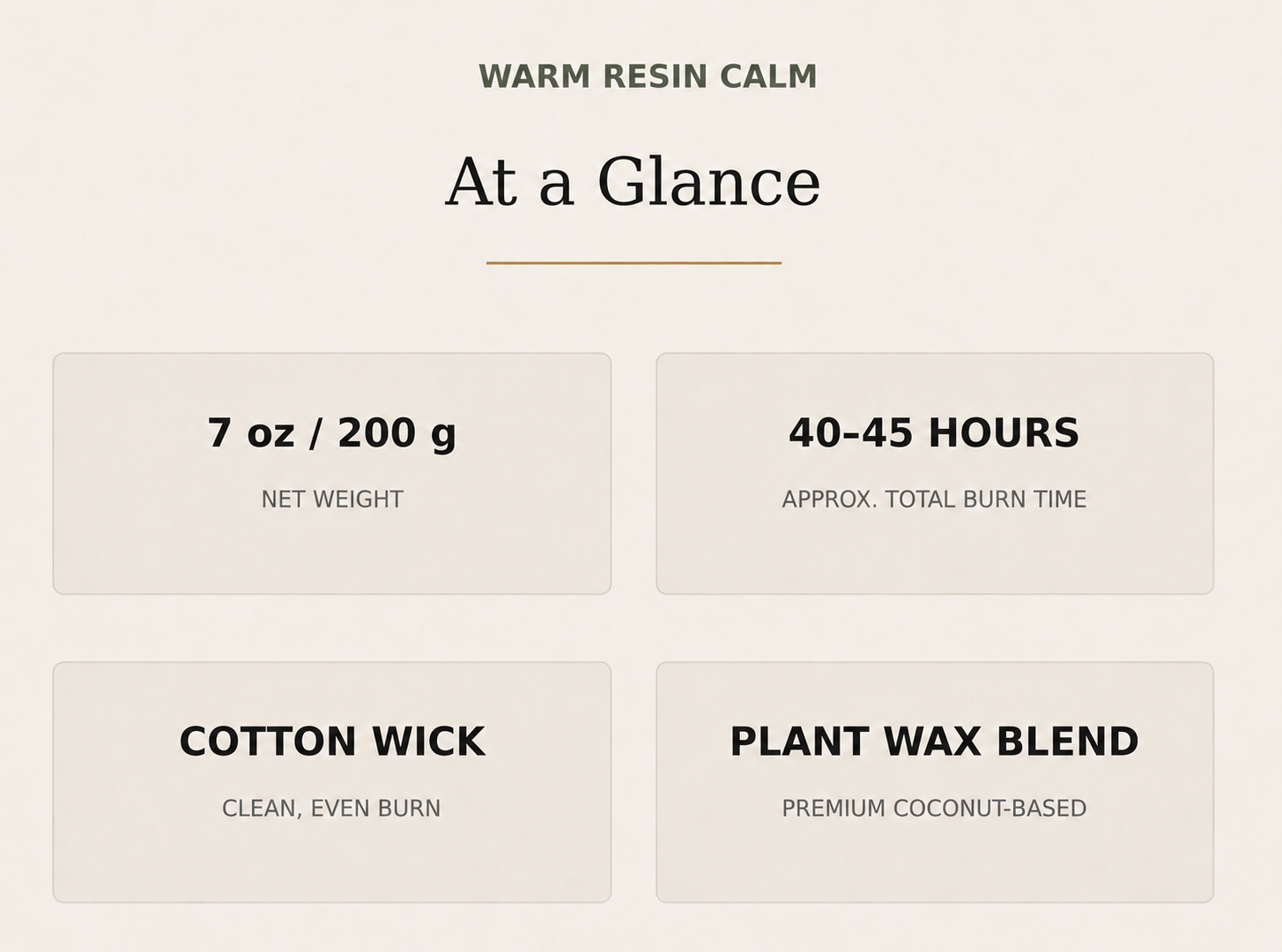 AROMU Warm Resin Calm product facts: 7 oz / 200 g, 40–45 hours, cotton wick, plant wax blend